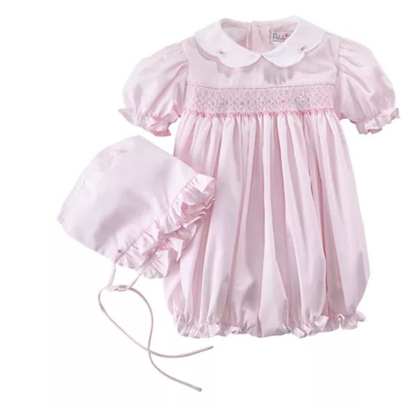 NEW Petit Ami Baby Girls Bubble Romper Dressy Smocked Easter Collar White Pink - Picture 1 of 3